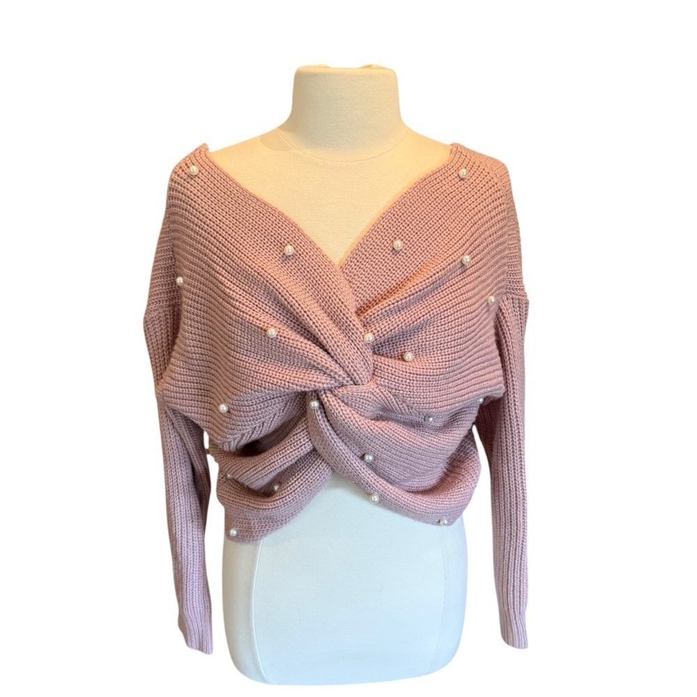 Off-the-Shoulder Pink Sweater With Front Twist and Pearl Details Size Small​​​​